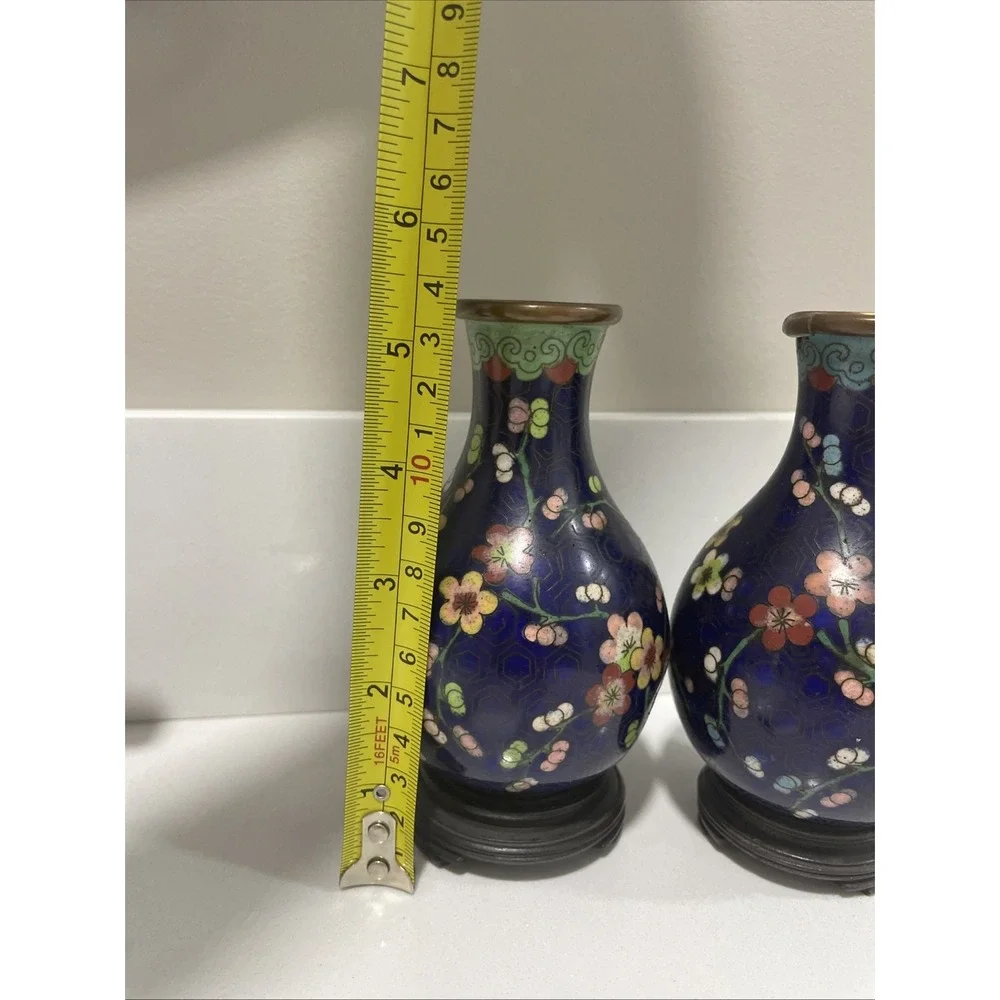 Pair 2‎ Chinese Cloisonne Cobalt Blue Cherry Blossom Floral Enameled Vases 5.5